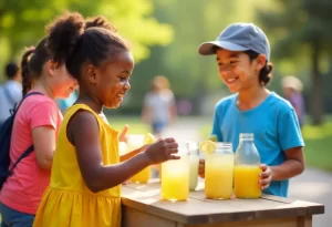 Niño vendiendo limonada a sus compañeros en un entorno escolar como ejemplo de emprendimiento escolar.