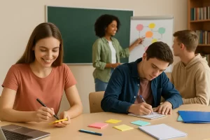 Estudiantes aplicando metodologías activas de emprendimiento en el aula