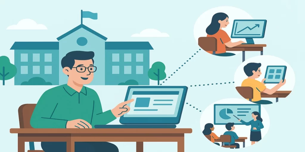 Docente administrando contenidos digitales para un colegio conectado a un campus virtual