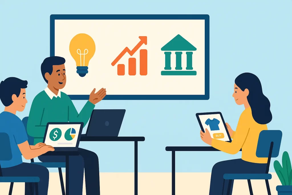 Docente guiando a estudiantes en un aula digital con recursos de emprendimiento y finanzas
