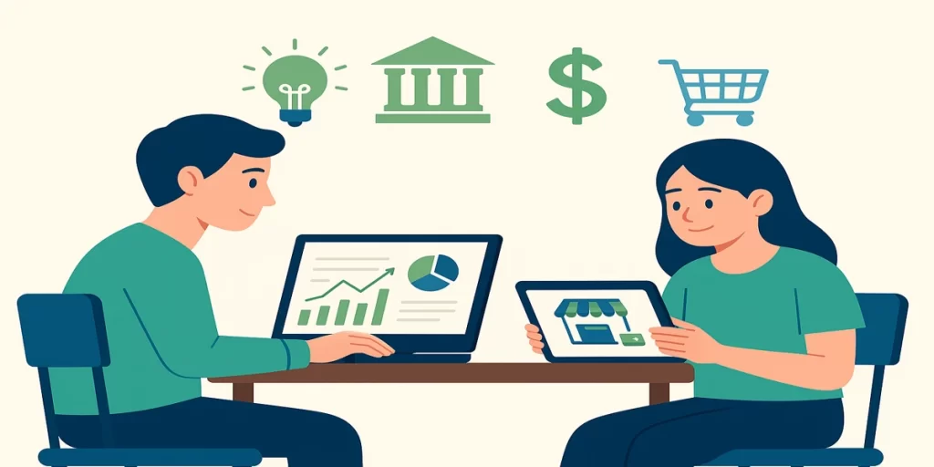 Estudiantes usando computador y tablet con íconos de emprendimiento y finanzas en un aula digital