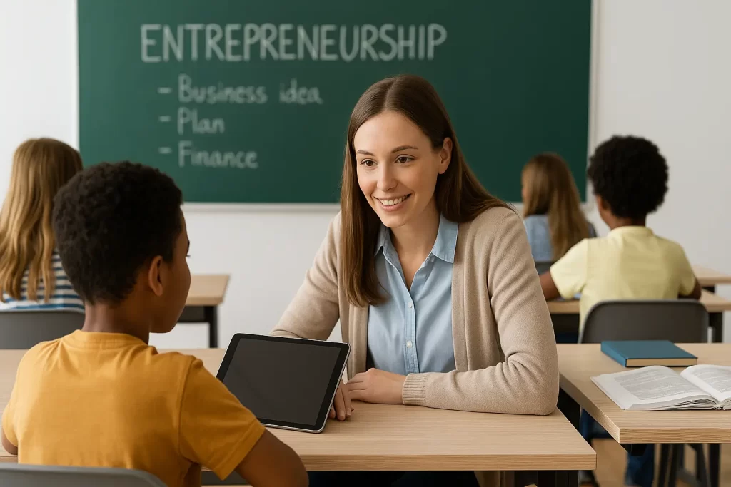Docente enseñando emprendimiento a estudiante en el aula, utilizando recursos gratuitos para docentes de emprendimiento.