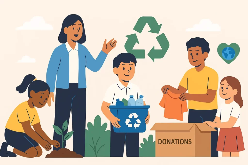 estudiantes de primaria y bachillerato participando en proyectos de emprendimiento social escolar