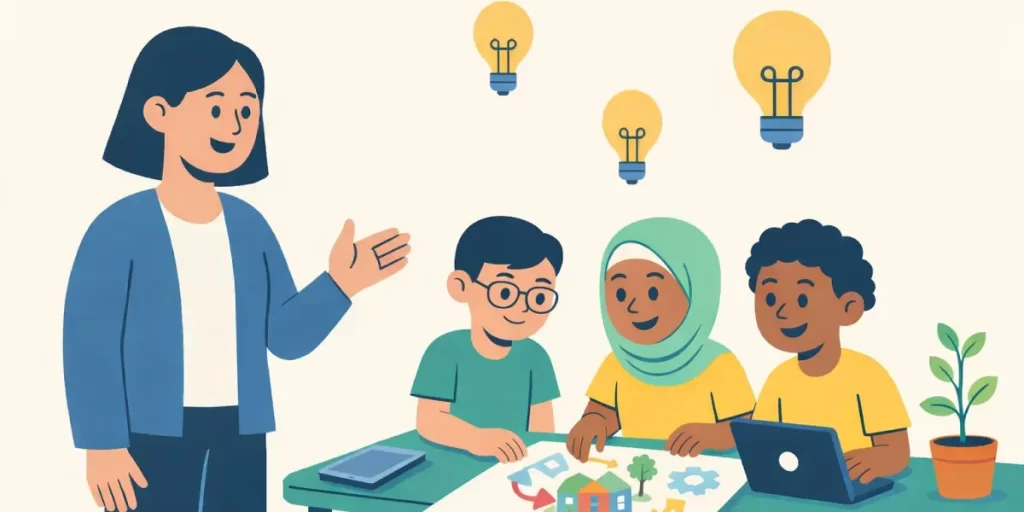 Docente y estudiantes desarrollando actividades de innovación social en el aula de forma colaborativa