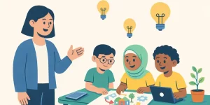 Docente y estudiantes desarrollando actividades de innovación social en el aula de forma colaborativa