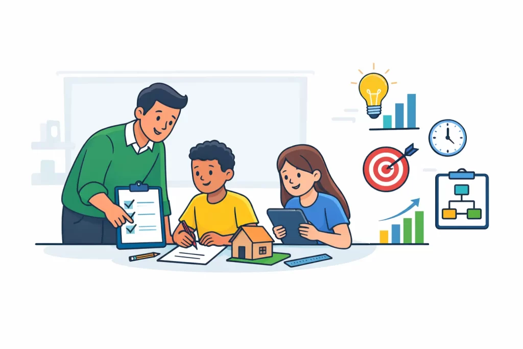 Docente guiando proyecto escolar y evitando errores en la implementación en el aula