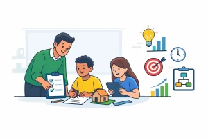 Docente guiando proyecto escolar y evitando errores en la implementación en el aula